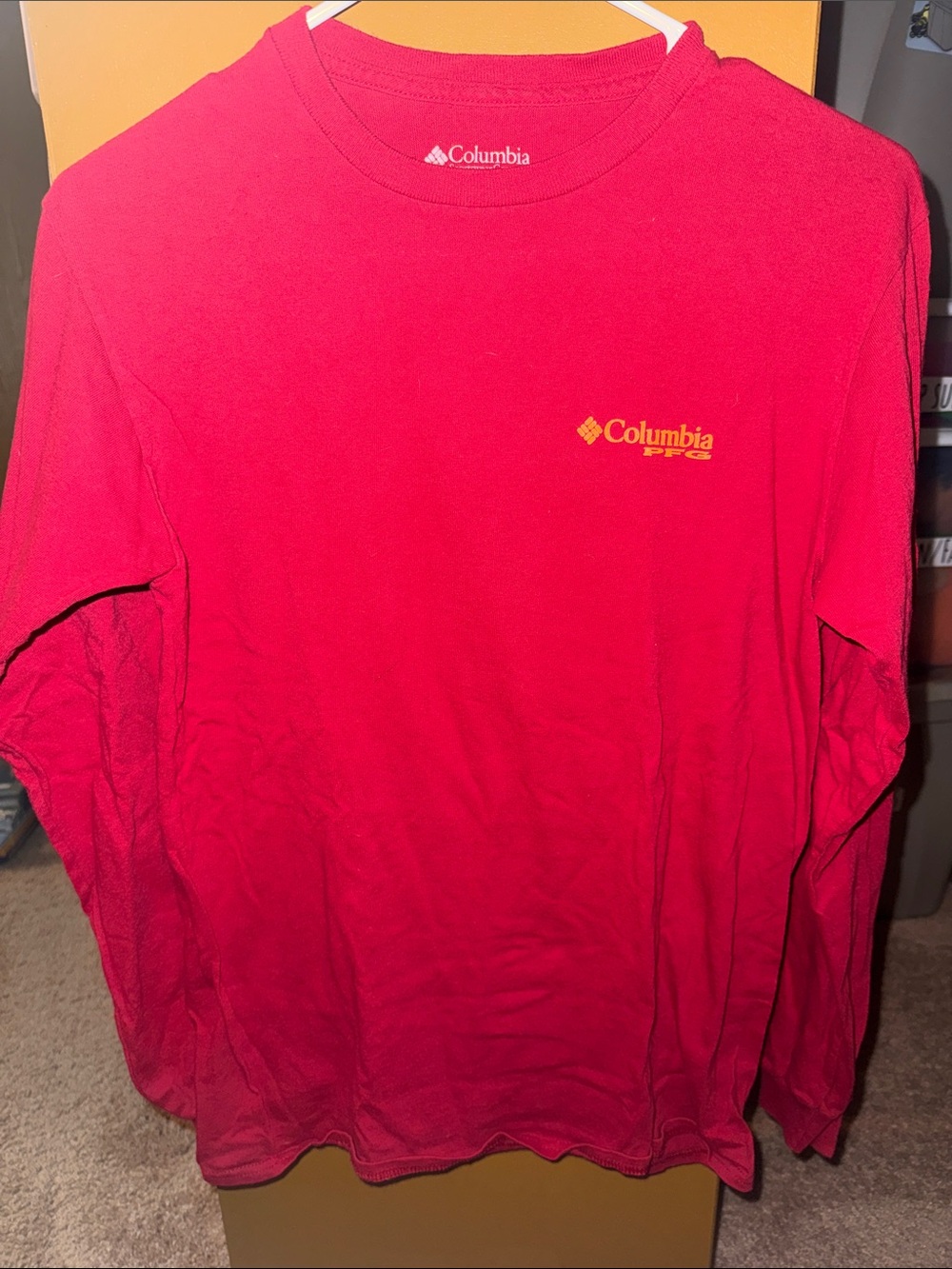 Columbia Red Long Sleeve Tee with Small Yellow Logo